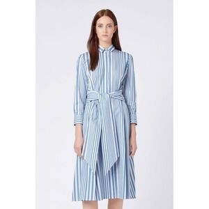 BOSS Hugo Boss Debrana Striped Shirt Dress Blue White Tie Waist Midi Sz 8 Preppy